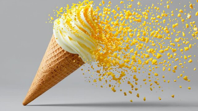 Ice cream cone with swirling soft serve is bursting with vibrant yellow sprinkles, showcasing a dynamic motion sequence, camera follows the action, emphasizing the playful explosion of color