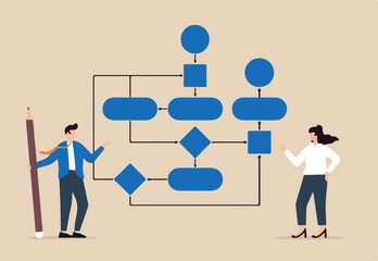 Business people collaborating on workflow process drawing