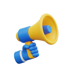 3d hand holding a yellow and blue megaphone announcing with loudspeaker for promotions