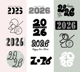 Set of 2026 Happy New Year. Logo text design, calendar 2026 number design template. Vector designs of labels with inscriptions or text, symbols of New Year. Collection of 2026 Happy New Year symbols