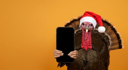 Thanksgiving Sale Turkey Holding a Blank Smartphone in Decorated background, Sale, 