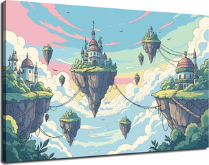 Vector art of pixel art floating island castle with whimsical fantasy landscape