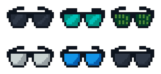 Pixel art sunglasses icons. Retro 8-bit meme glasses collection, digital style.