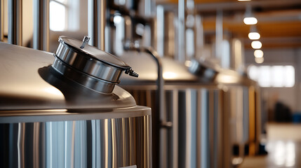 Stainless steel fermentation tanks in a bright facility, focusing on precision and scale. Modern industrial design at its finest.