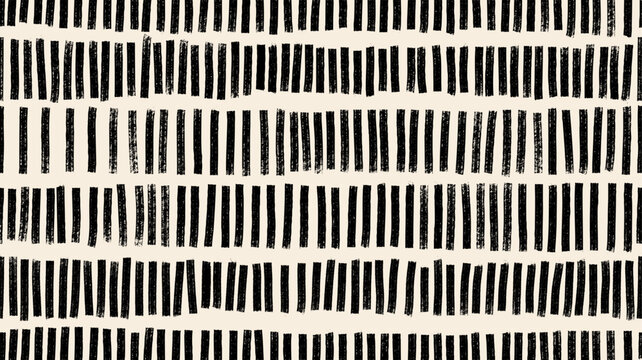 Fototapeta Seamless abstract pattern with vertical black strokes and lines. Hand-drawn tribal style texture resembling bamboo or woven surface. Vector geometric brush stroke background for grunge banner design.