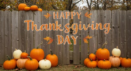 Happy Thanksgiving Day  background with Pumpkins and Autumn Leaves 