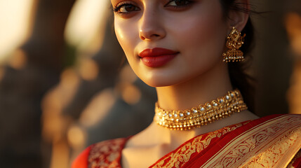 Portrait of a woman adorned in traditional gold jewelry and red saree, radiating elegance and cultural richness in warm sunlight.