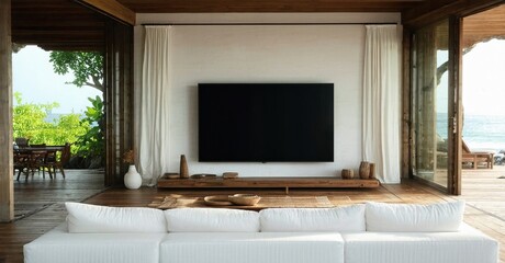 Minimalist black screen television off coastal villa interior with wooden floor and white sofa