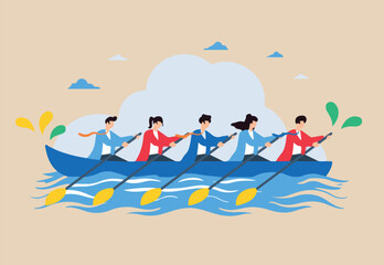 Fototapeta premium Flat illustration of employees rowing boat in unison, representing teamwork and synergy