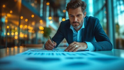 Professional businessman working late and analyzing documents. Focused manager reviewing financial charts and data in a modern office. Corporate success concept - Powered by Adobe