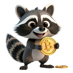 Fototapeta premium Adorable cartoon raccoon holds a golden cryptocurrency coin.