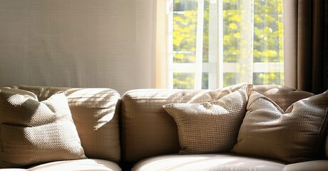 Fototapeta premium Cozy sofa near window. Soft light creates warm atmosphere. Pillows invite relaxation, simple interior design. Calm scene.