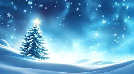 Snowy night scene with glowing Christmas tree and soft blue tones for festive backgrounds