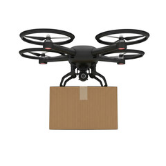 Quadcopter drone delivering a brown cardboard package suspended in mid-air