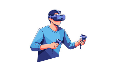 Man wearing a virtual reality headset and holding controllers. © Rizal