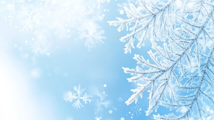 Blue gradient background with frosty branches and snowflakes for festive winter designs