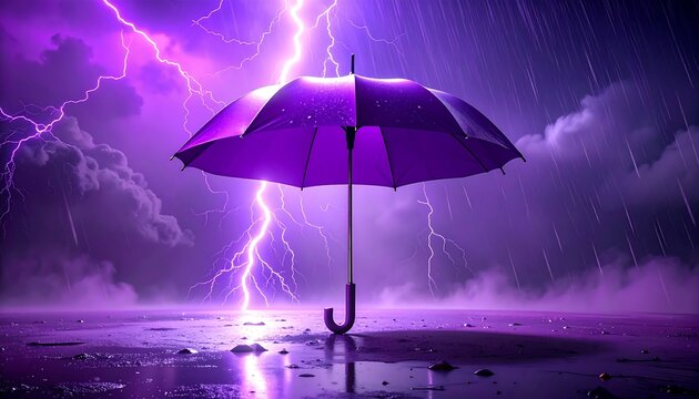 A purple umbrella stands in a storm, protected from torrential rain. Lightning strikes in a vibrant, saturated purple sky - Powered by Adobe