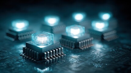 Close up view of computer microchips with blue lighting effects on circuit board