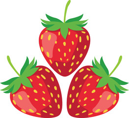 Three ripe strawberries arranged in a triangular formation, featuring red fruit, green stems, and yellow seeds.