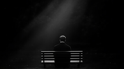 Contemplation in solitude: A figure sits on a bench under a spotlight, lost in thought amidst the dark, offering a moment of introspective pause.