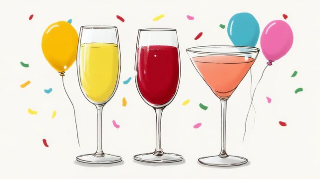 Colorful celebration scene featuring three distinct beverage glasses filled with vibrant drinks, surrounded by festive balloons and confetti, showcasing a joyful atmosphere, camera pans across the sce