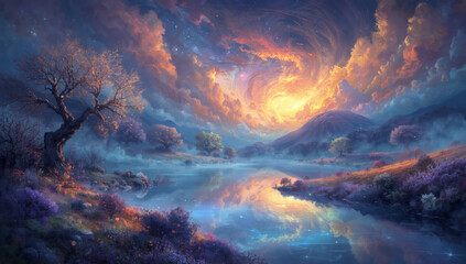 Fototapeta premium acrylic style dreamscape, acryl dreams. bright acrylic landscape with river and clouds