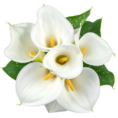 A bouquet of white, elegant calla lilies with bright yellow stamens and speckled green leaves © naila