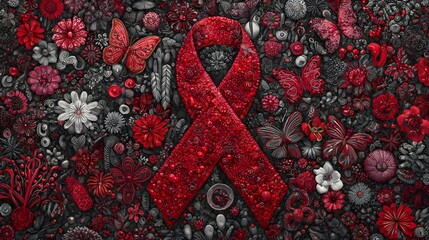 Red Awareness Ribbon with Red and Grey Botanical Pattern Flat Lay