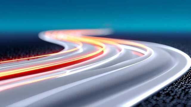 Dynamic flow of illuminated road lines winding through a dark landscape, showcasing vibrant light trails, with a gradual zoom out revealing the scene's depth and motion progression