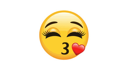 A yellow emoji face with closed eyes and long eyelashes blowing a kiss with a red heart.