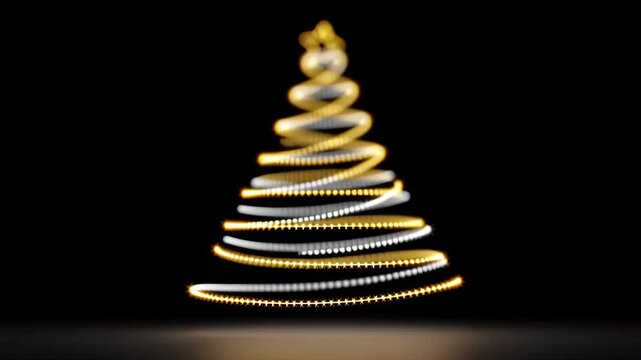 Spiraling illuminated Christmas tree with glowing lights transitions through frames, showcasing vibrant colors and festive spirit, camera performs a smooth zoom in for enhanced detail and visual impac