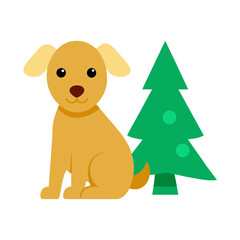 Cute dog sitting next to christmas tree