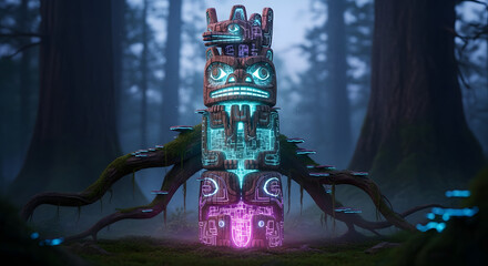 Ancient totem pole glows with vibrant neon energy in a misty forest.