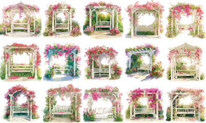 Watercolor Bougainvillea Covered Arbors Clipart
