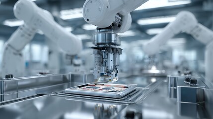 A robotic arm with precise hydraulic actuators, clad in a sleek white shell, is meticulously placing a smartphone's main logic board into a polished metal chassis. 