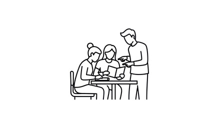 Line Art Illustration of Three People Collaborating at a Table.