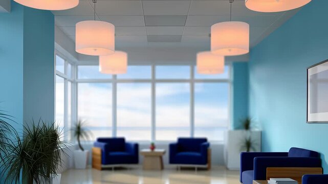 Modern interior design of a bright lounge area with stylish blue sofas and elegant lighting, showcasing a gradual camera zoom in on the inviting atmosphere and contemporary decor elements