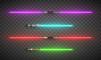 New realistic design laser neon weapons pack on transparent background. Glowing swords. Vector illustration