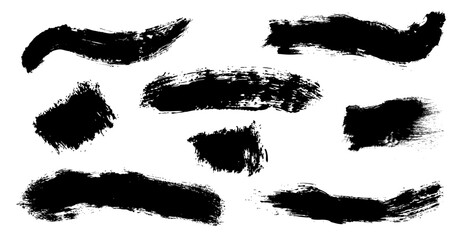 Hand drawn black vector brushes pack isolated on white. Detailed paint splashes. Grungy stripes pattern. Vector illustrator