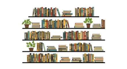 Bookshelves Filled with Colorful Books and Small Potted Plants.