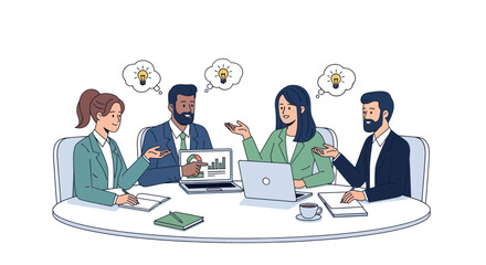 A diverse team of business professionals brainstorming ideas around a table with laptops.