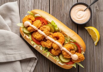 Crispy Fried Shrimp Po'Boy Sandwich with Pickles, Tomato & Remoulade — Close-Up