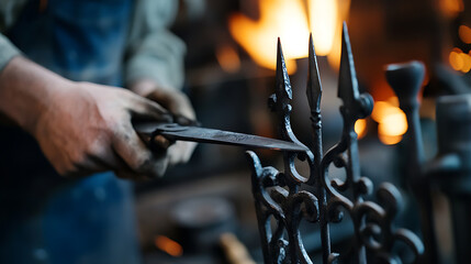 Crafting ornamental ironwork: a blacksmith shapes metal with skill. A dance of fire and artistry in the forge. Handmade metalwork creation.