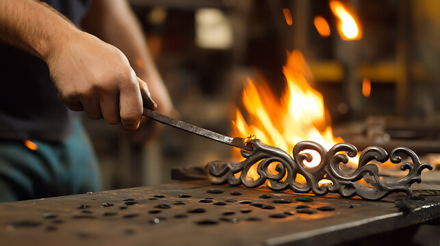 Metalwork artistry: a craftsman shapes intricate designs with heat, showcasing skill and dedication in a mesmerizing display of fire and form.