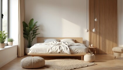 Modern minimalist bedroom interior with platform bed and plants. Calm neutral color palette in bright home with wooden floor and decor. Empty zen space for rest and relax lifestyle.