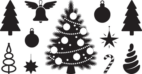 Naklejka premium Christmas Tree and Holiday Icon Silhouette Set – Black Festive Decorations with Ornaments, Bells, Stars, and Candy Canes for Winter Greeting Cards, Stickers, T-shirt, and Poster Designs