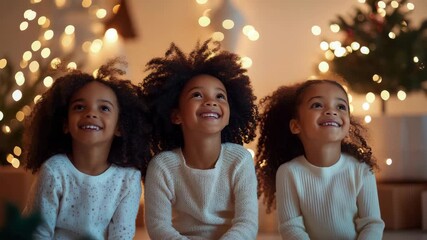 Three joyful young children with curly hair looking up in wonder at festive glowing lights, radiating pure happiness during holiday celebration