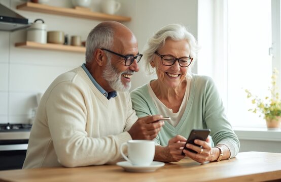 Senior interracial couple uses smartphone in kitchen. Old man and woman browsing online, smiling in modern house. Elderly pair enjoy social media, relax in morning using tech together.