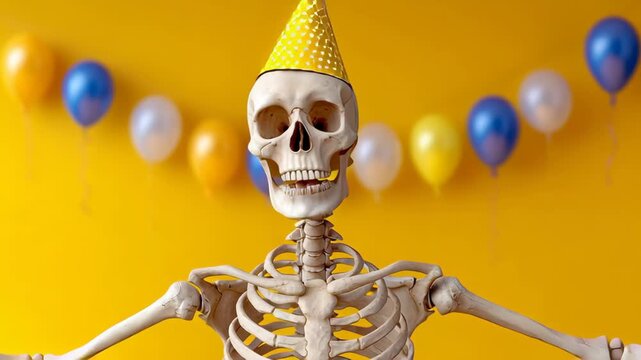 Skeleton wearing a festive party hat joyfully celebrates with arms outstretched, surrounded by colorful balloons against a vibrant yellow backdrop, capturing the essence of fun and celebration, camera