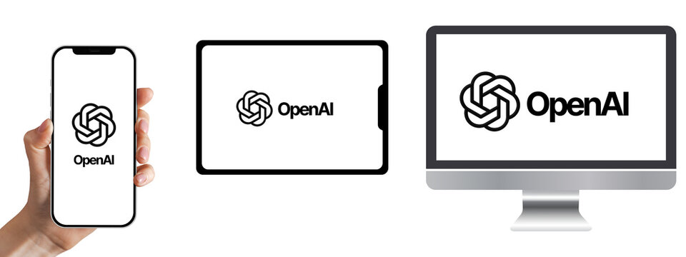 Open AI icon set on various technological devices. Transparent background. Ideal for editorial ads.Wide shot.